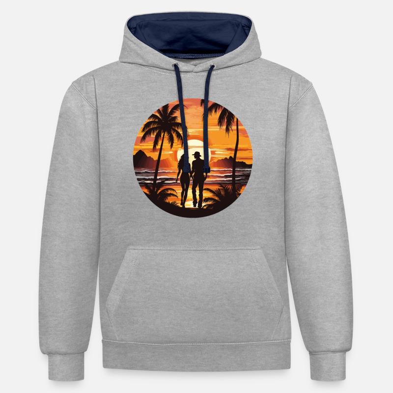 Plage Coucher de soleil - Sweat à capuche contrasté - gris chiné/bleu marine