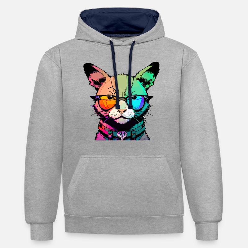 Chat de l’espace - Sweat à capuche contrasté - gris chiné/bleu marine