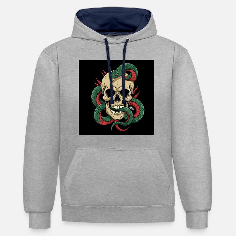 Shadow & – Crâne et serpent combinés - Sweat à capuche contrasté - gris chiné/bleu marine