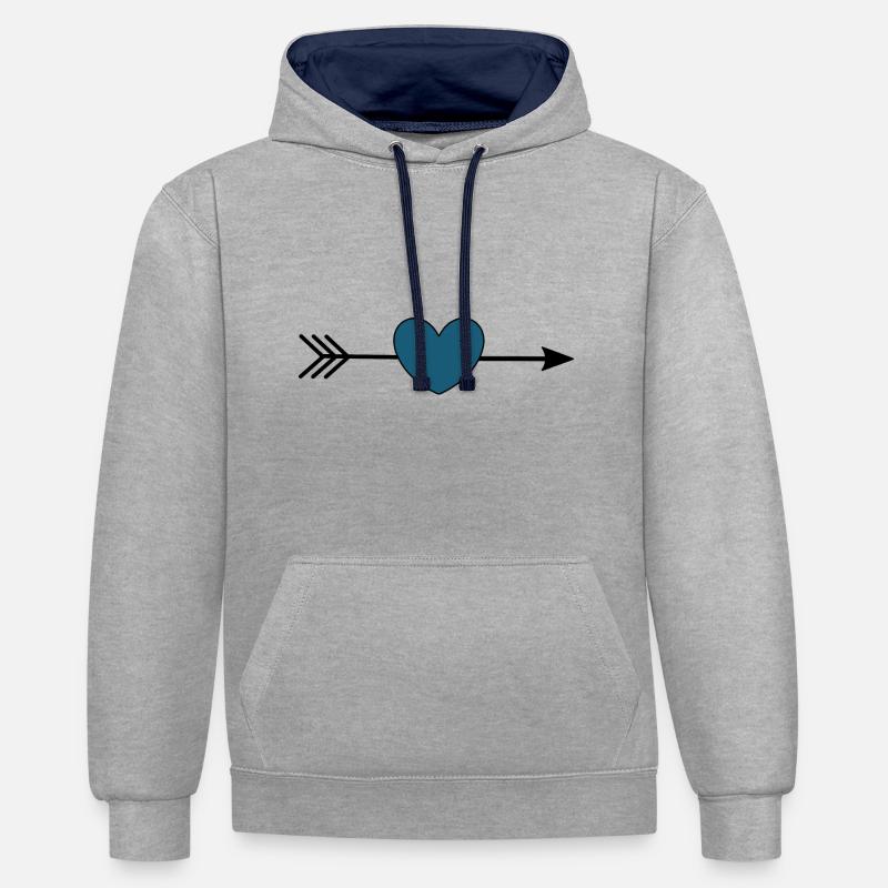 Coeur bleu avec flèche Saint-Valentin - Sweat à capuche contrasté - gris chiné/bleu marine