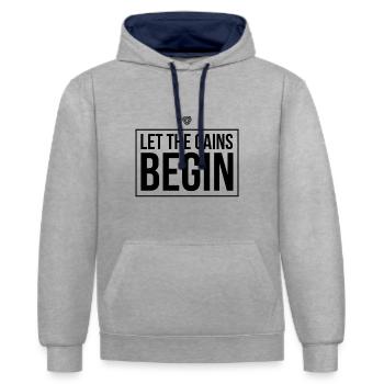 Let the gains begin! Sport Geschenkidee Fitness - Kontrast-Hoodie - Grau meliert/Navy - Vorne - Liana (172cm) & Jaron (178cm)
