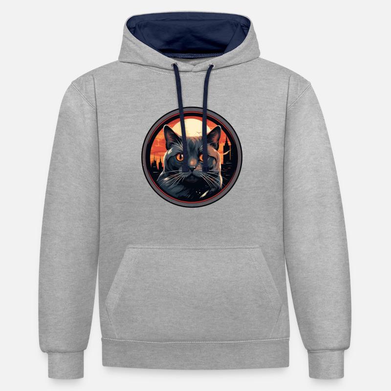 Chat Chartreux - Sweat à capuche contrasté - gris chiné/bleu marine