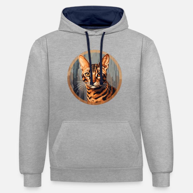 Chat Ocicat - Sweat à capuche contrasté - gris chiné/bleu marine