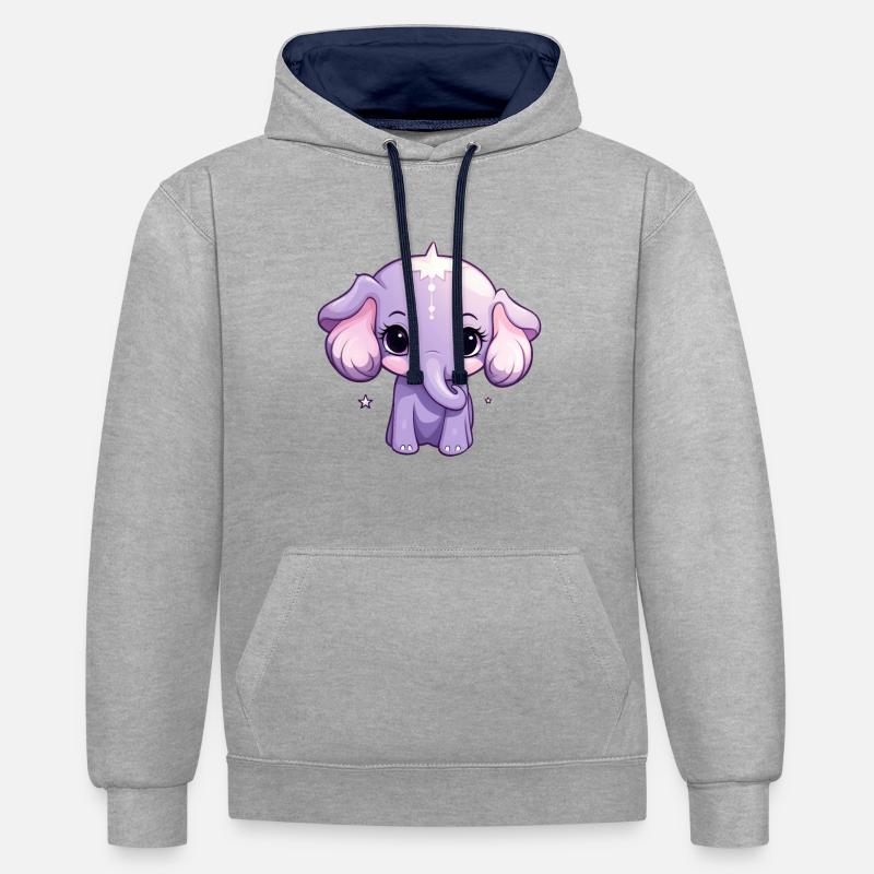 Bébé éléphant Kawaii - Sweat à capuche contrasté - gris chiné/bleu marine