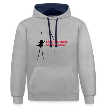 Rette die Bäume. Esst einen Biber. - Kontrast-Hoodie - Grau meliert/Navy - Vorne - Liana (172cm) & Jaron (178cm)