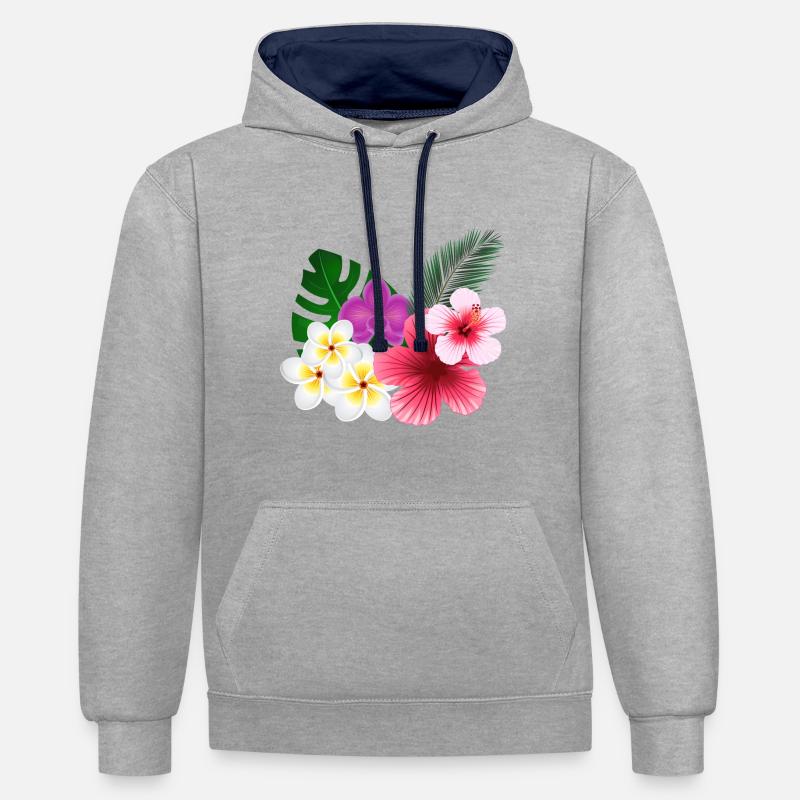 Fleurs tropicales et fleurs - Sweat à capuche contrasté - gris chiné/bleu marine