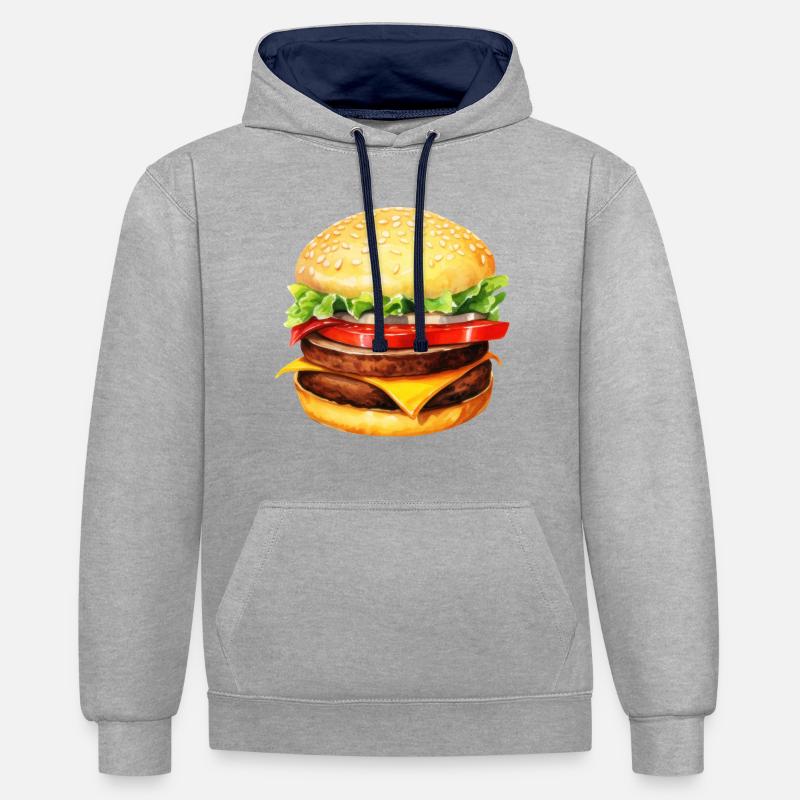 Aquarelle, hamburgers, restauration rapide - Sweat à capuche contrasté - gris chiné/bleu marine