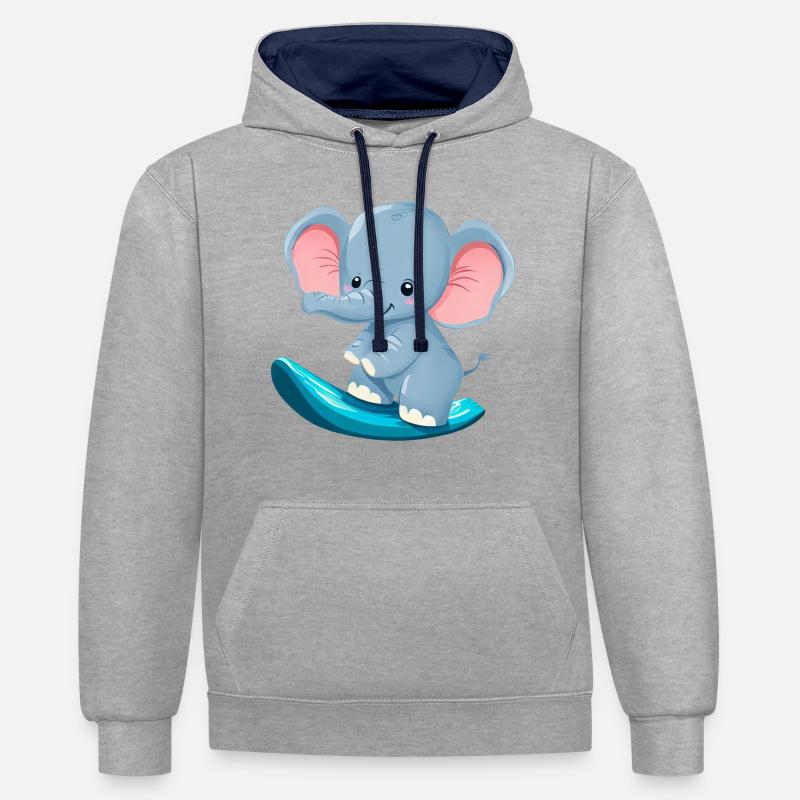 Surfer Elephant, Conception animale aventureuse - Sweat à capuche contrasté - gris chiné/bleu marine