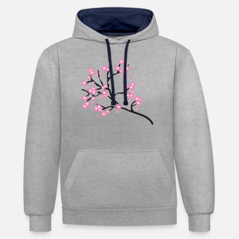 Branche de cerisier en fleurs - Sweat à capuche contrasté - gris chiné/bleu marine