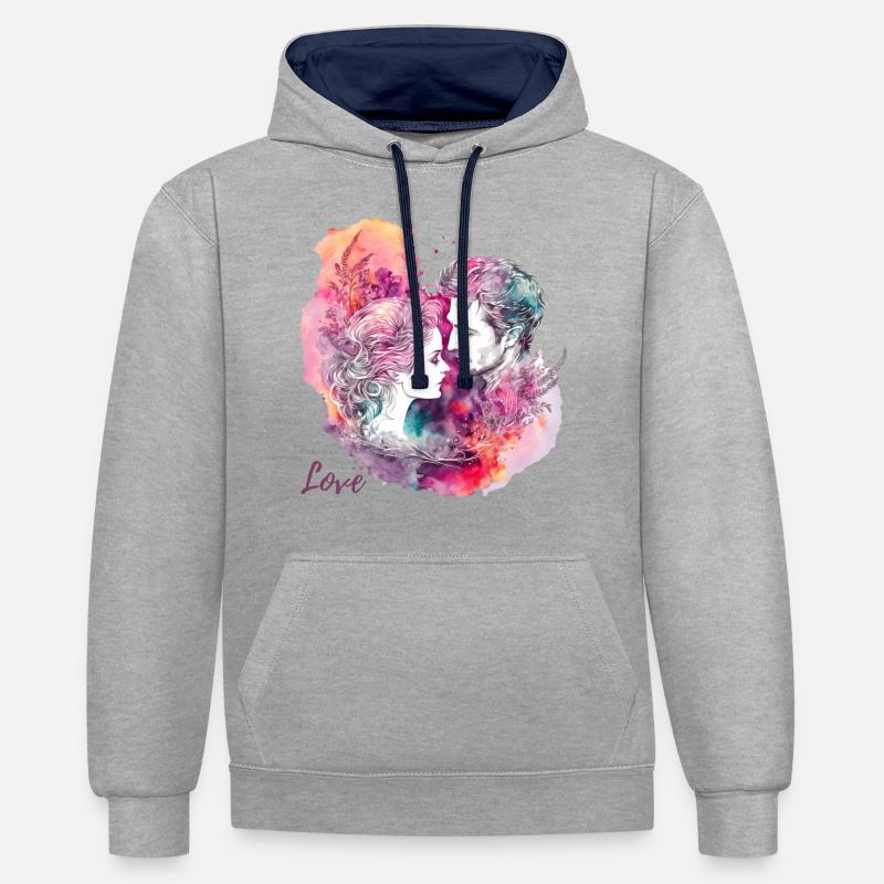 Saint-Valentin | Amour éternel | Amour éternel - Sweat à capuche contrasté - gris chiné/bleu marine