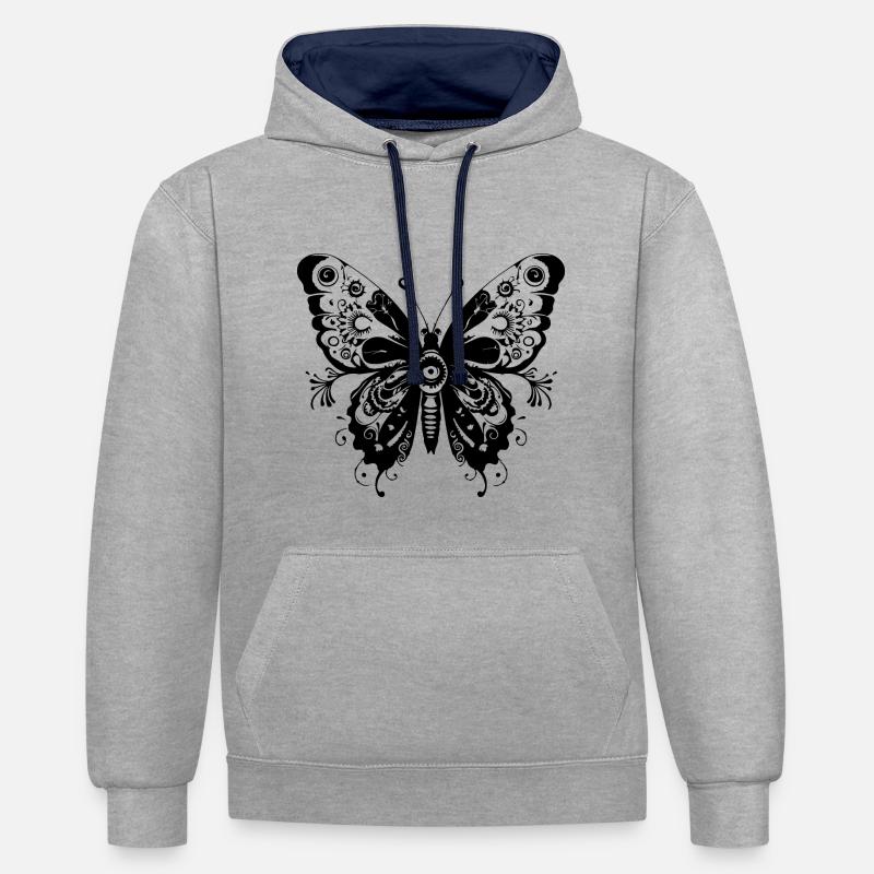 Papillon Mandala Boho - Sweat à capuche contrasté - gris chiné/bleu marine