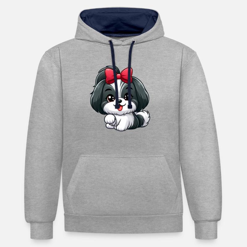shih tzu 3 - Sweat à capuche contrasté - gris chiné/bleu marine