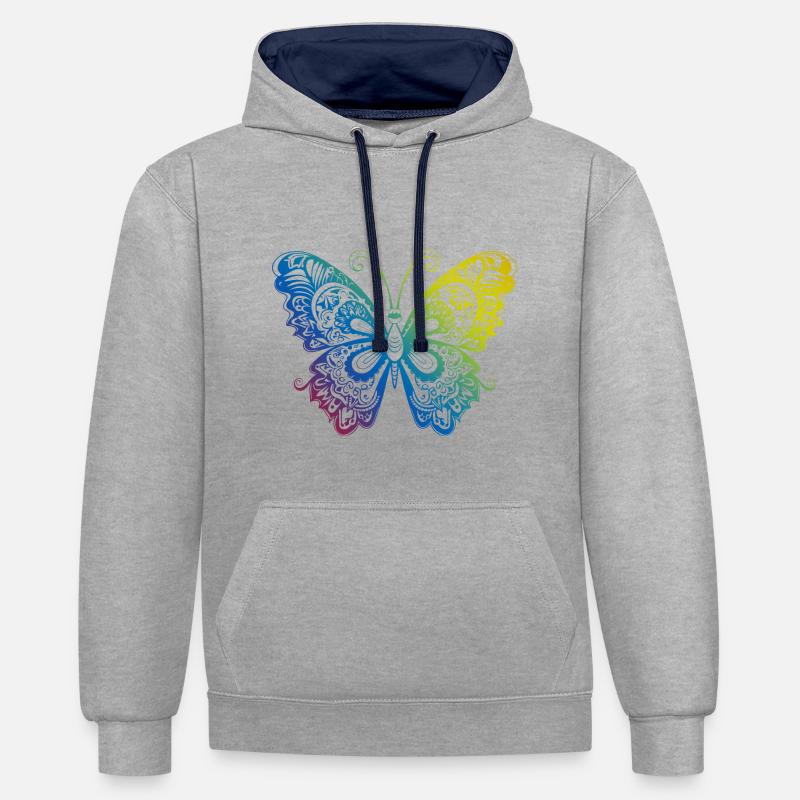 Papillon Mandala Boho - Sweat à capuche contrasté - gris chiné/bleu marine