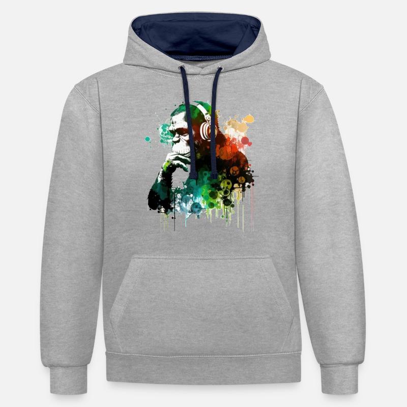 Banksy DJ Monkey Thinker - Sweat à capuche contrasté - gris chiné/bleu marine