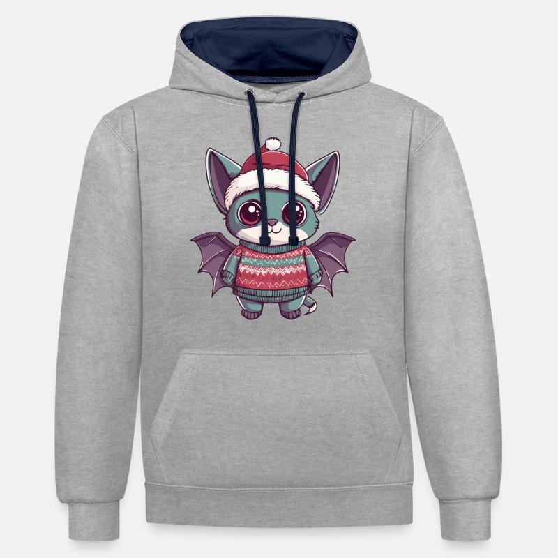 Bande dessinée de Noël chauve-souris - Sweat à capuche contrasté - gris chiné/bleu marine