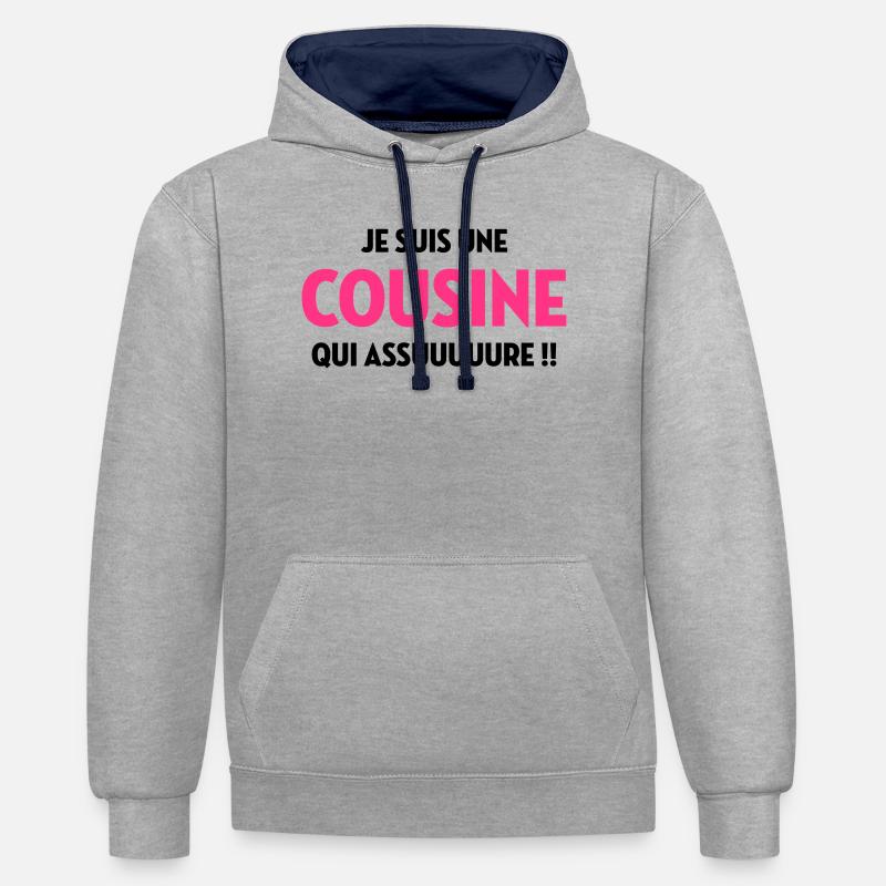 Cousine / Cousin / Bébé / Naissance / Baby - Sweat à capuche contrasté - gris chiné/bleu marine