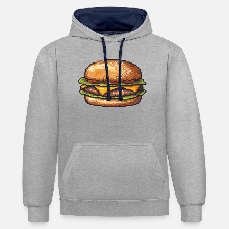 Hamburger 8 bits Pixel Art - Sweat à capuche contrasté - gris chiné/bleu marine
