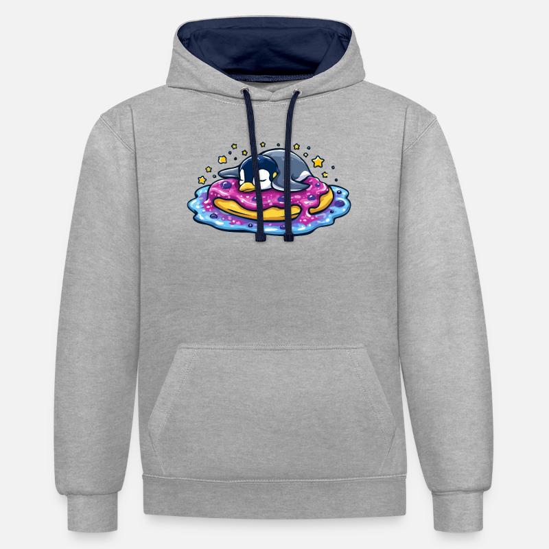 Pingouin endormi sur un donut - Sweat à capuche contrasté - gris chiné/bleu marine