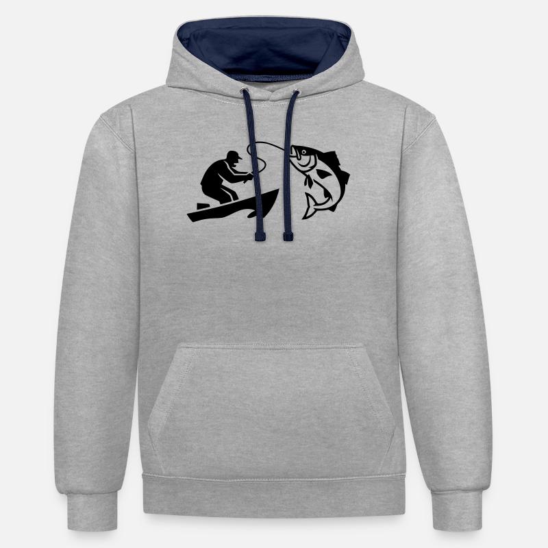 Silhouette de poisson pêcheur bateau - Sweat à capuche contrasté - gris chiné/bleu marine