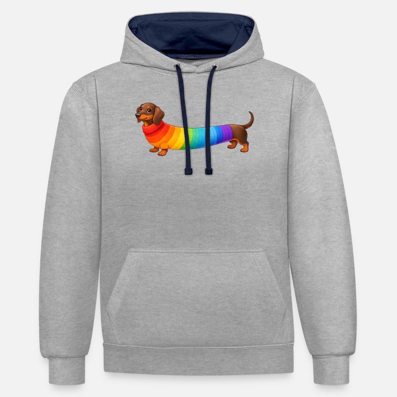 Dackel mit Regenbogen Pullover  - Kontrast-Hoodie - Grau meliert/Navy
