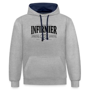 Infirmier - Sweat à capuche contrasté - gris chiné/bleu marine - Devant - Liana (172cm) & Jaron (178cm)