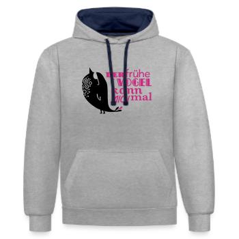 Der frühe Vogel kann mich mal - Kontrast-Hoodie - Grau meliert/Navy - Vorne - Liana (172cm) & Jaron (178cm)