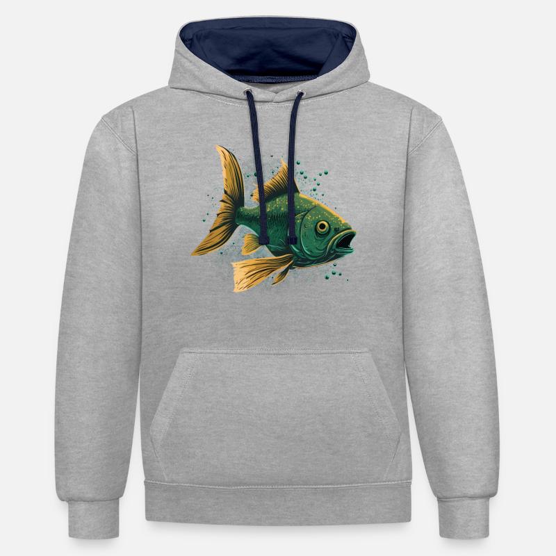 Poisson à bouche ouverte - Sweat à capuche contrasté - gris chiné/bleu marine