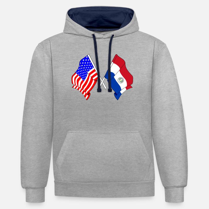 Drapeau des États-Unis, drapeau du Paraguay - Sweat à capuche contrasté - gris chiné/bleu marine