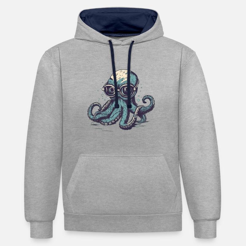 Nerdy Comic Oktopus mit Brille - Kontrast-Hoodie - Grau meliert/Navy