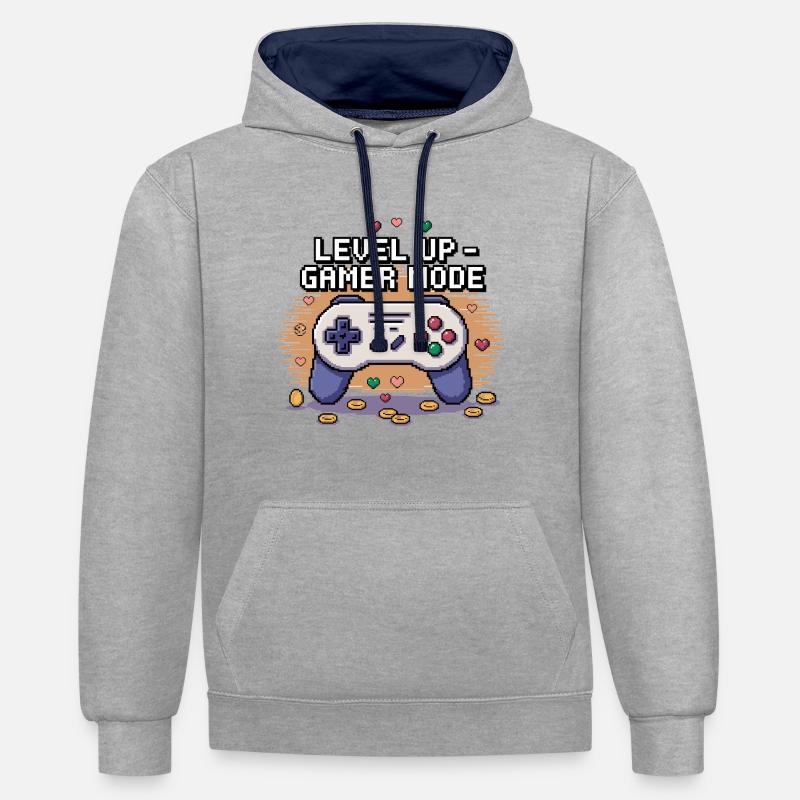 Montée de niveau – Mode joueur - Sweat à capuche contrasté - gris chiné/bleu marine