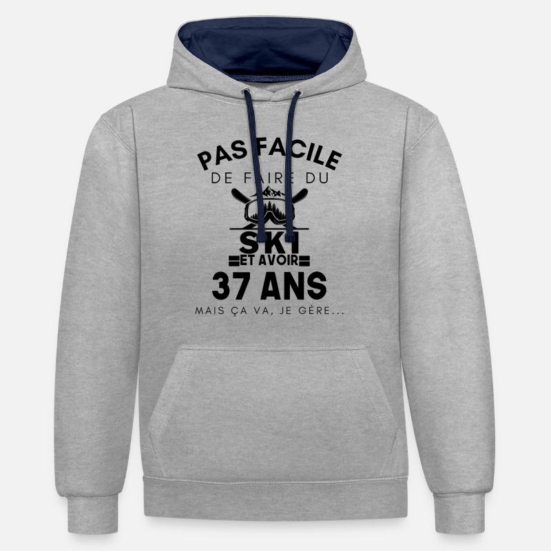 Pas facile de faire du ski anniversaire 37 ans SKI - Sweat à capuche contrasté - gris chiné/bleu marine