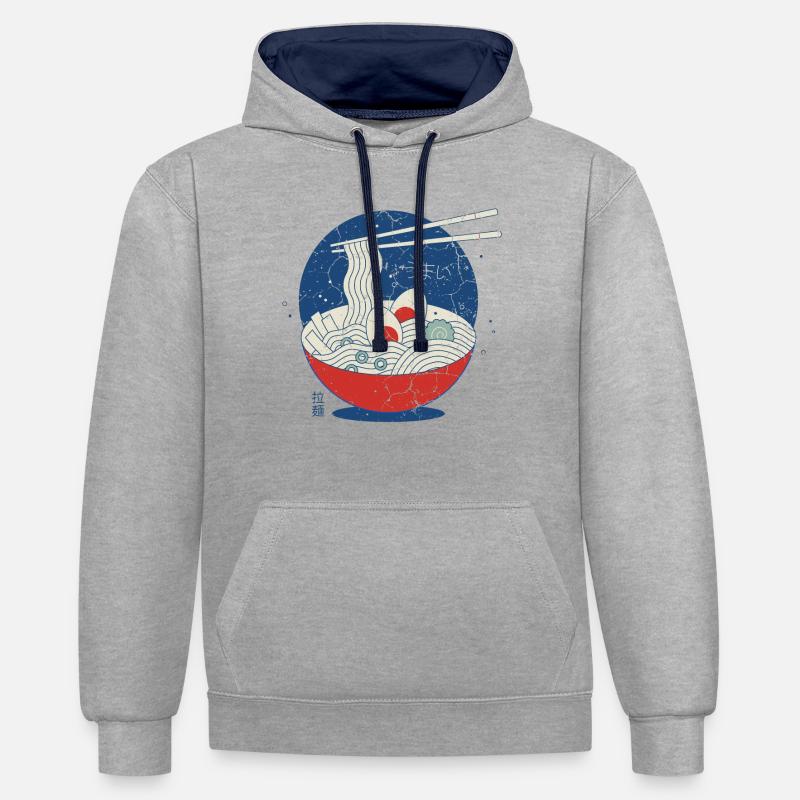 Great Ramen Wave, Great Ramen Wave vintage, aliments - Sweat à capuche contrasté - gris chiné/bleu marine