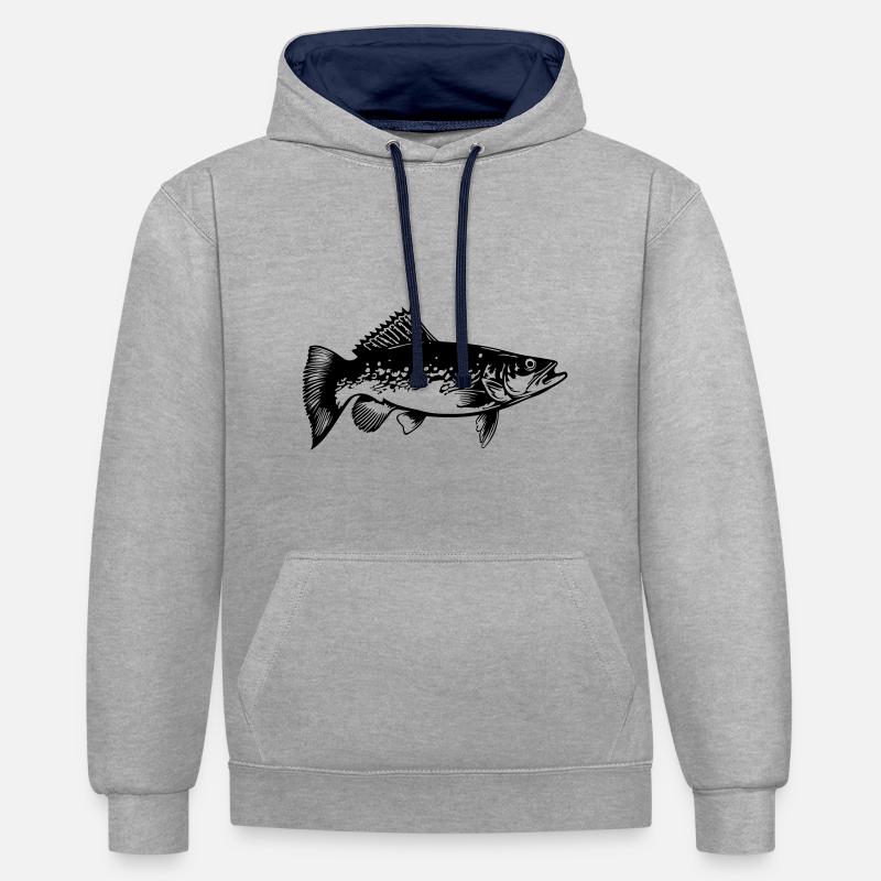 Silhouette de poisson brochet - Sweat à capuche contrasté - gris chiné/bleu marine