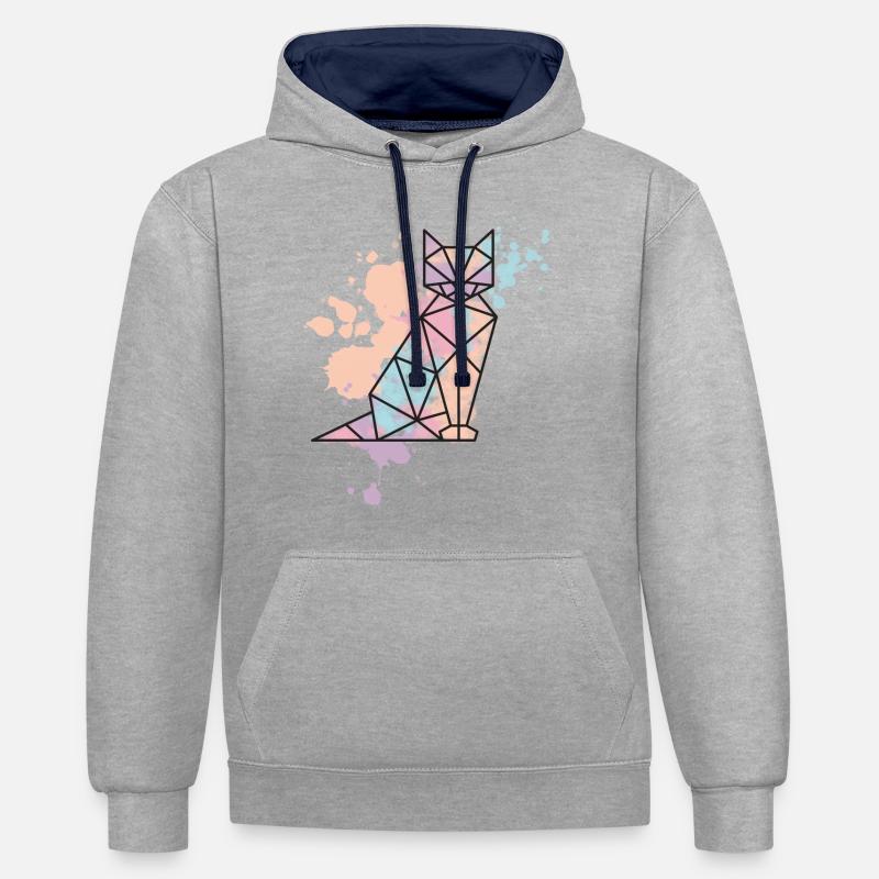 Cat géométrique - Sweat à capuche contrasté - gris chiné/bleu marine