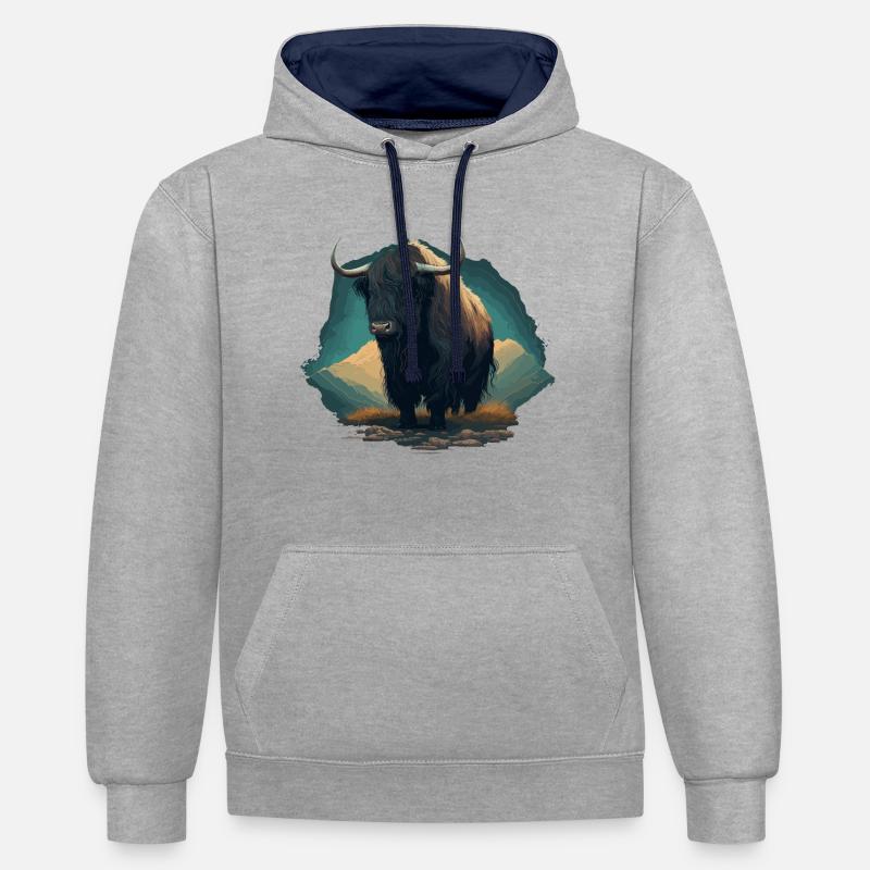 Yak Lover Illustration - Sweat à capuche contrasté - gris chiné/bleu marine