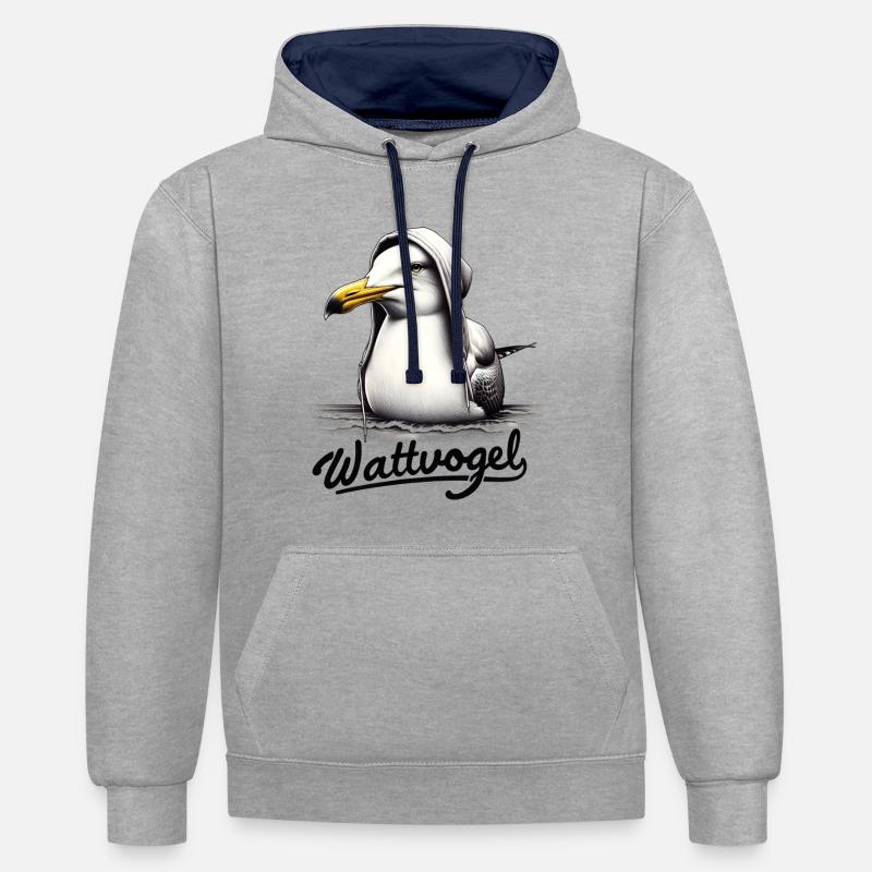 Wattvogel Coole Möwe mit Kapuze - Kontrast-Hoodie - Grau meliert/Navy