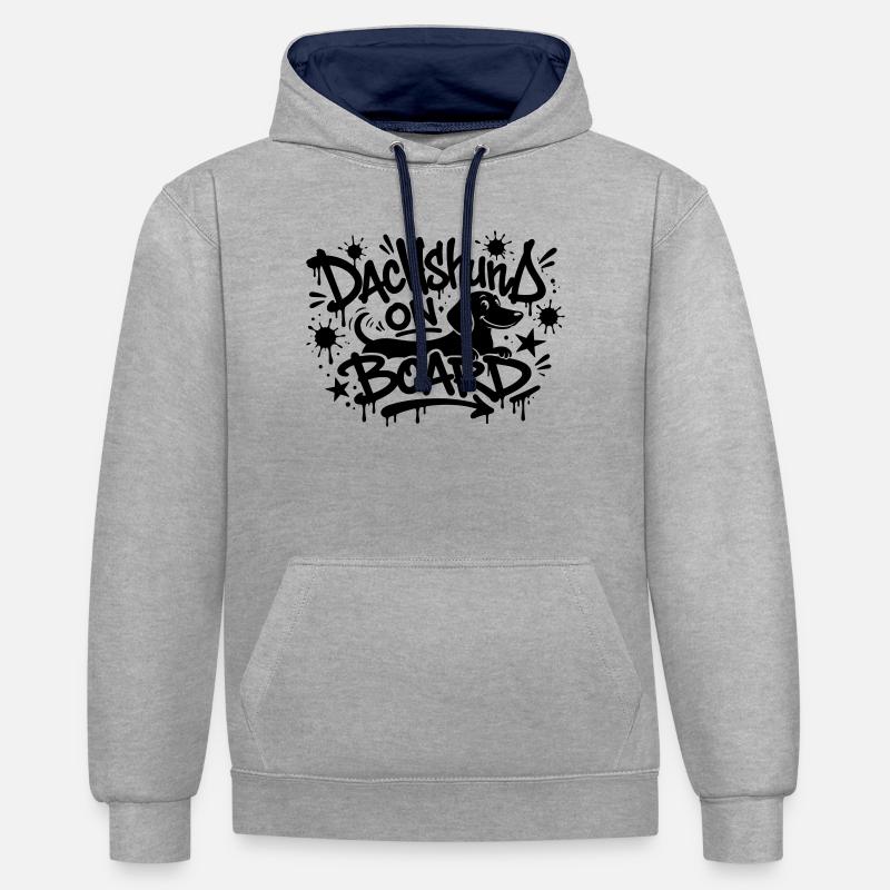Motif teckel à bord - Sweat à capuche contrasté - gris chiné/bleu marine