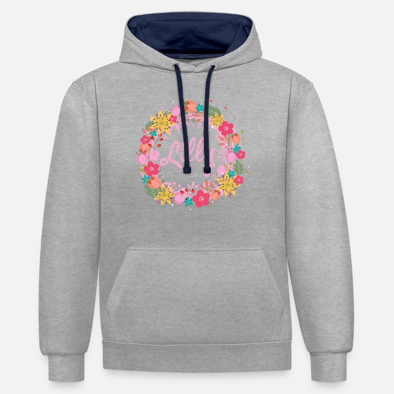 lilly,fleurs,couronne de fleurs,floral,illustration - Sweat à capuche contrasté - gris chiné/bleu marine