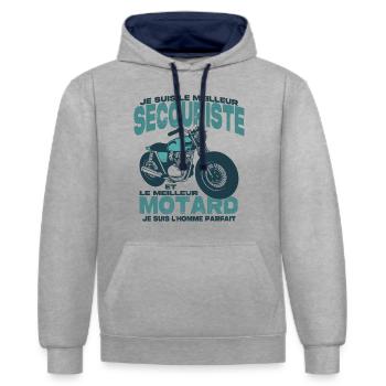 Le meilleur motard et le meilleur secouriste - Sweat à capuche contrasté - gris chiné/bleu marine - Devant - Liana (172cm) & Jaron (178cm)