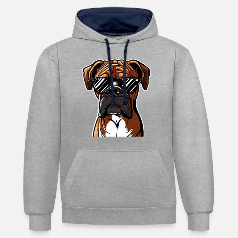 Chiot boxer mignon - Sweat à capuche contrasté - gris chiné/bleu marine