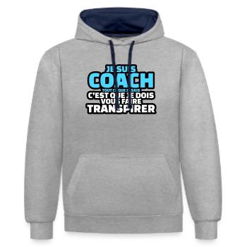 je suis coach je dois vous faire transpirer - Sweat à capuche contrasté - gris chiné/bleu marine - Devant - Liana (172cm) & Jaron (178cm)