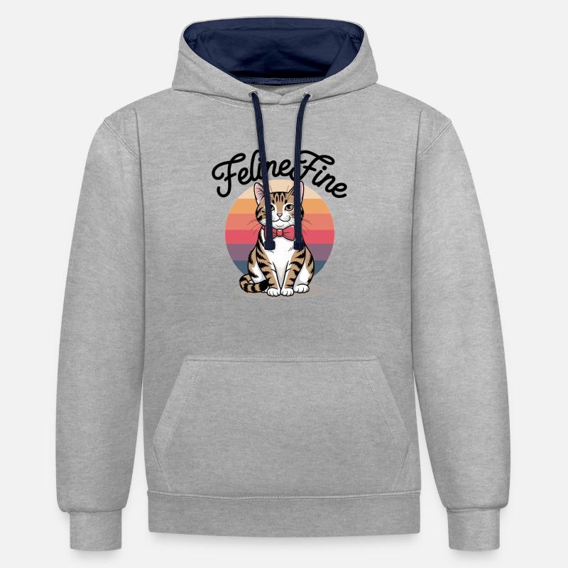 Feline Fine – Chat Sunset Rétro - Sweat à capuche contrasté - gris chiné/bleu marine