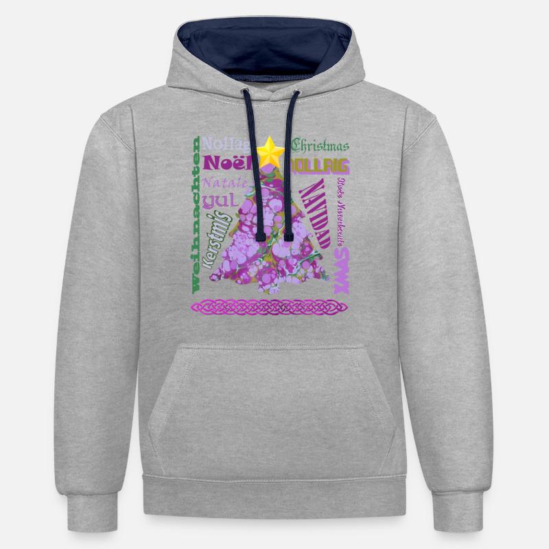 Noël multilingue E 230 - Sweat à capuche contrasté - gris chiné/bleu marine
