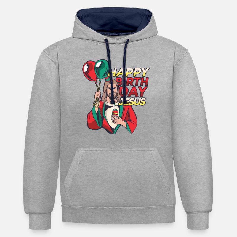 Joyeux anniversaire Jésus - Sweat à capuche contrasté - gris chiné/bleu marine