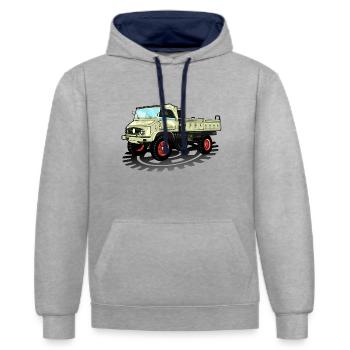 Unimog - Oldtimer - Offroad - Dispositif moteur universel - Sweat à capuche contrasté - gris chiné/bleu marine - Devant - Liana (172cm) & Jaron (178cm)