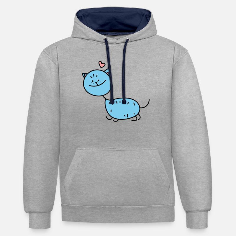 Strichmännchen Katze (b) - Kontrast-Hoodie - Grau meliert/Navy