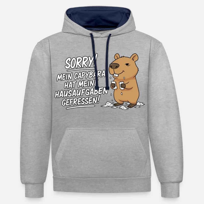 Pardon! Capybara a mangé mes devoirs - Sweat à capuche contrasté - gris chiné/bleu marine