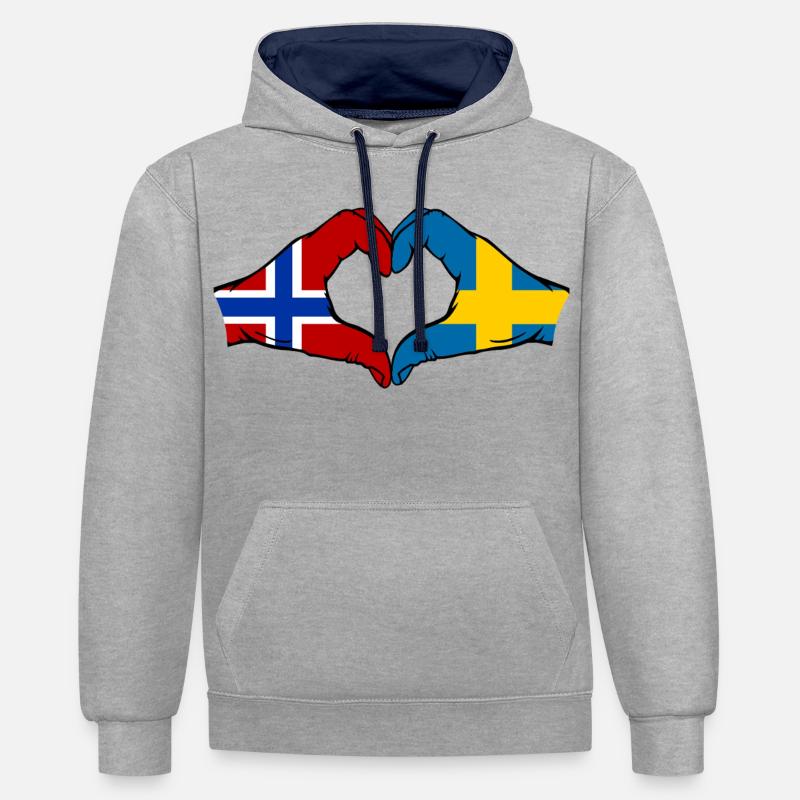 Drapeau Norvège-Suède Mains de cœur - Sweat à capuche contrasté - gris chiné/bleu marine