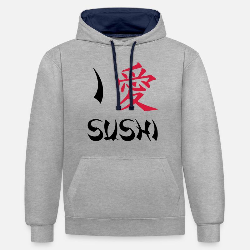 I love Sushi - Sweat à capuche contrasté - gris chiné/bleu marine