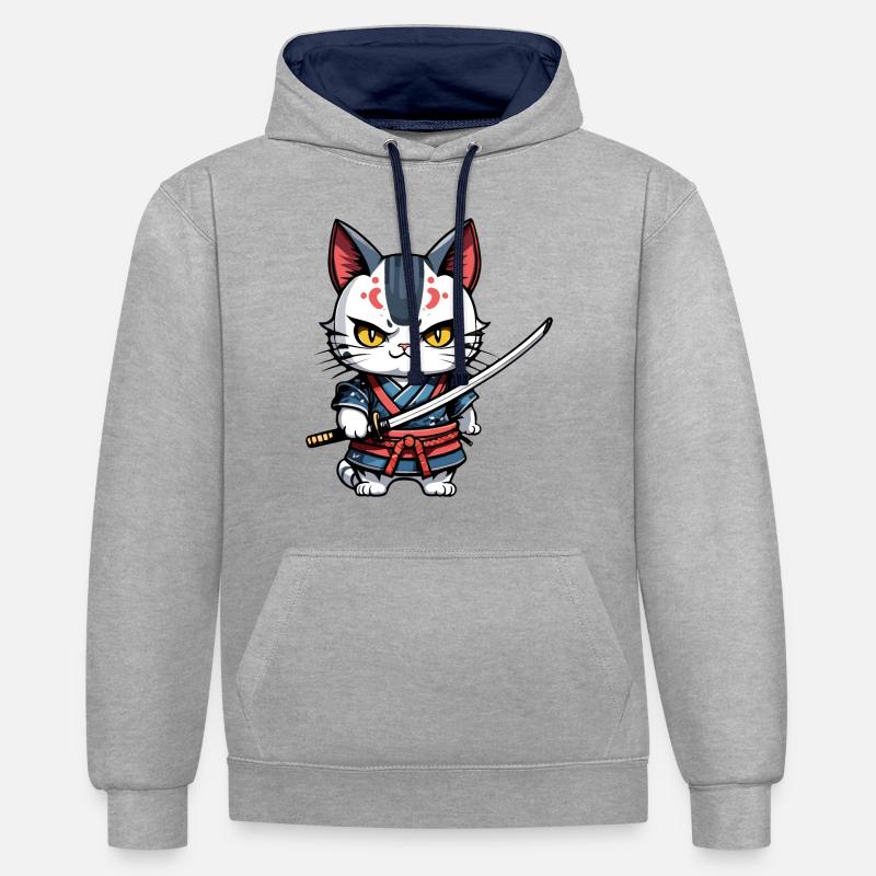 Chat samouraï #27 - Sweat à capuche contrasté - gris chiné/bleu marine